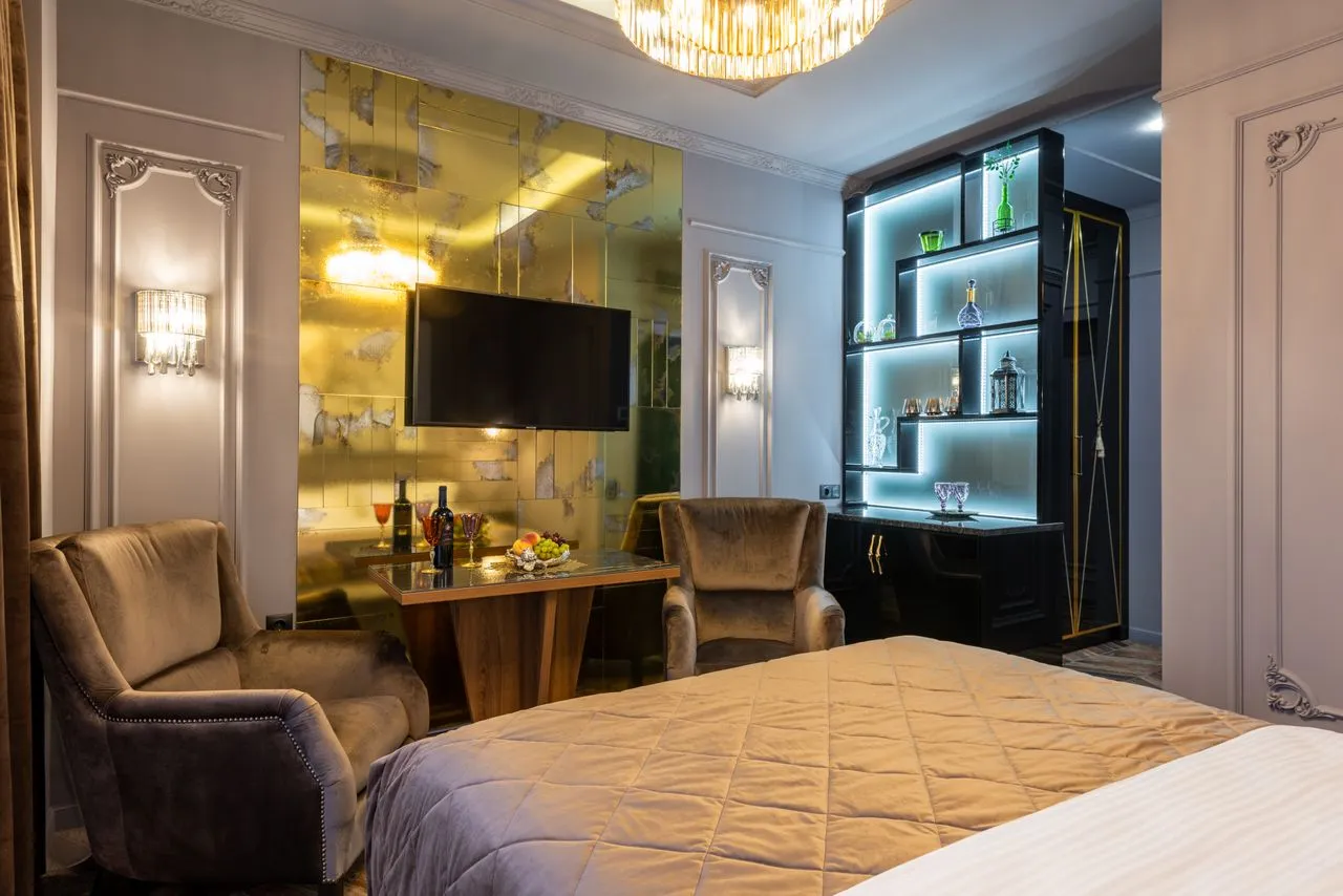 Five-star hotel room with luxury amenities